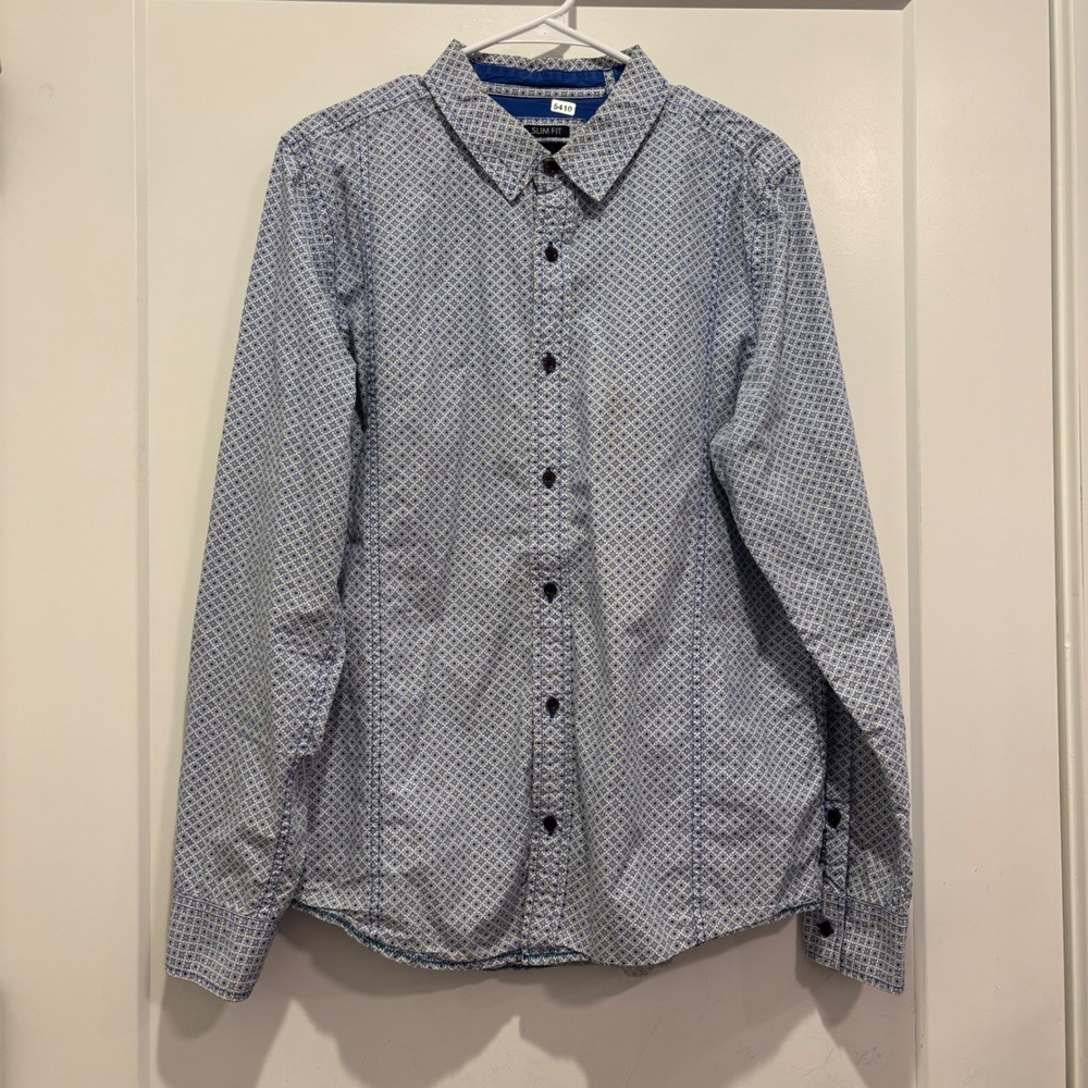 Prana Mens Slim Fit Long Sleeve Button Down Shirt Blue White Geometric Print LRG
